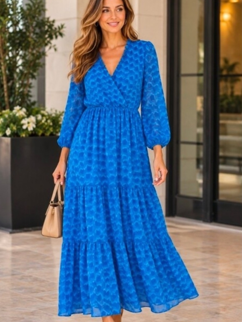 Blue Surplice V-Neck Maxi Dress with Puff Sleeves, Elastic Waist